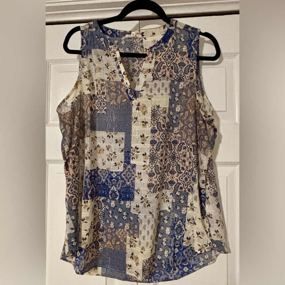 Maurices Patchwork Sleeveless Blouse - Blue and Cream